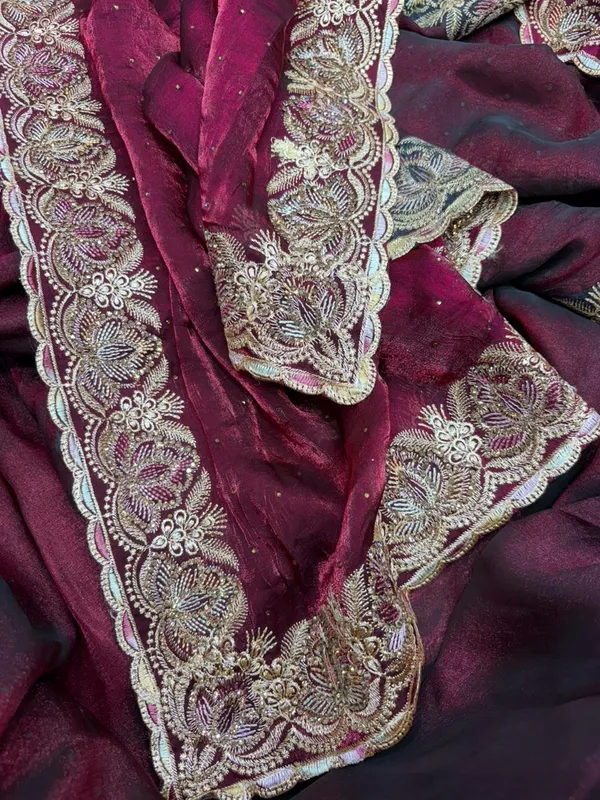 Maroon_Velvet_Saree_With_Golden_Embroidered_Border_And_Sequin_Work