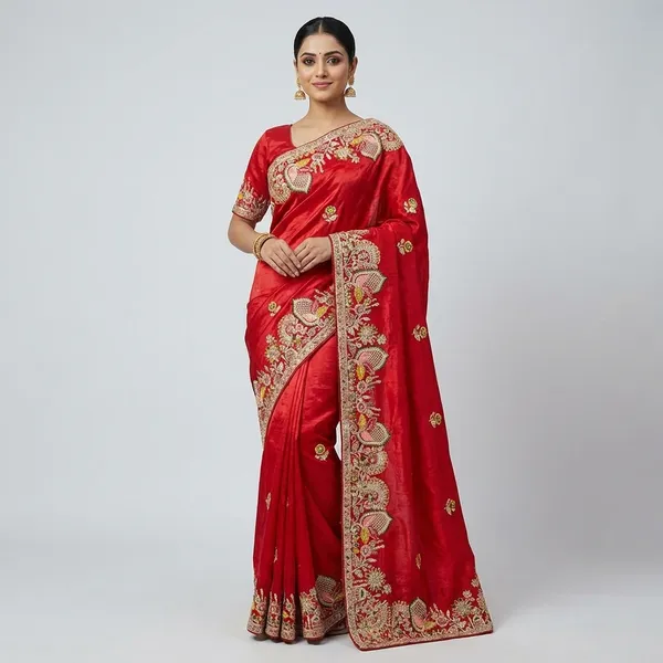 Red_Embroidered_Velvet_Saree_With_Floral_Zari_Work