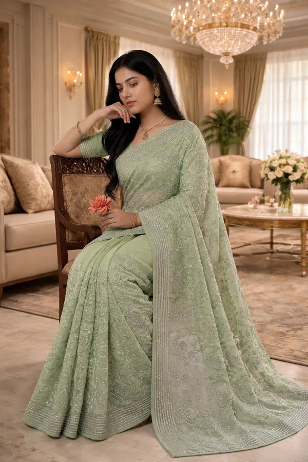 Sage_Green_Embroidered_Net_Saree_With_Embellished_Border