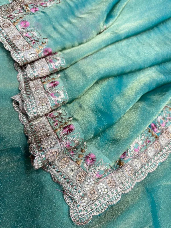 Turquoise_Embellished_Saree_With_Floral_Border_And_Silver_Sequin_Work