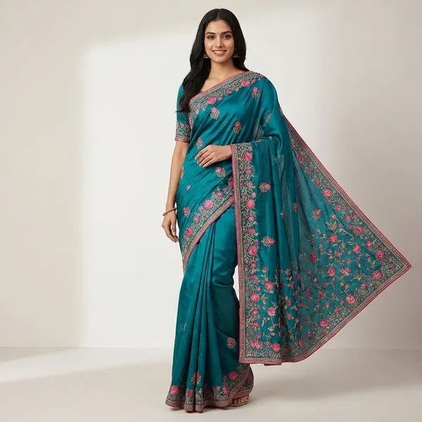 Elegant_Teal_Blue_Embroidered_Saree_With_Border_Work