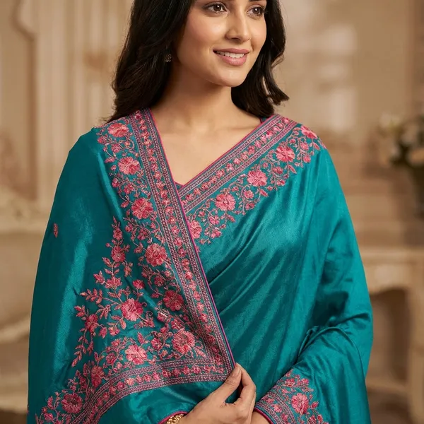 Elegant_Teal_Blue_Embroidered_Saree_With_Border_Work