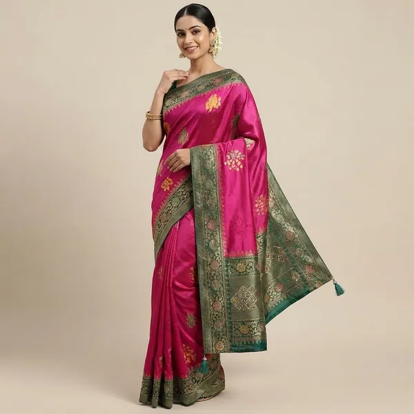 Pink_Banarasi_Silk_Saree_With_Green_Woven_Border