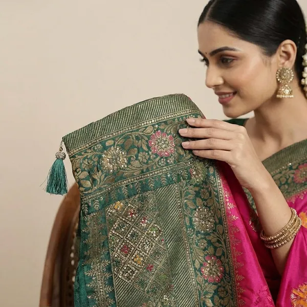 Pink_Banarasi_Silk_Saree_With_Green_Woven_Border