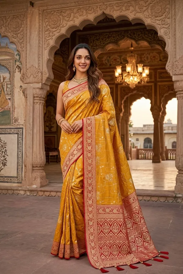 Yellow_Elegant_Banarasi_Silk_Saree_With_Intricate_Red_Border