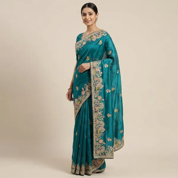 Turquoise_Silk_Saree_With_Intricate_Floral_Embroidery_And_Zari_Work