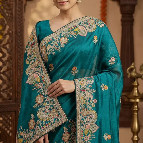 Turquoise_Silk_Saree_With_Intricate_Floral_Embroidery_And_Zari_Work