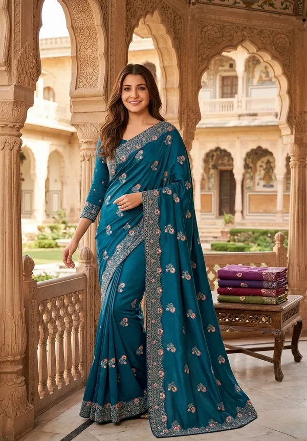 Elegant_Teal_Blue_Embroidered_Saree_With_Border_Work