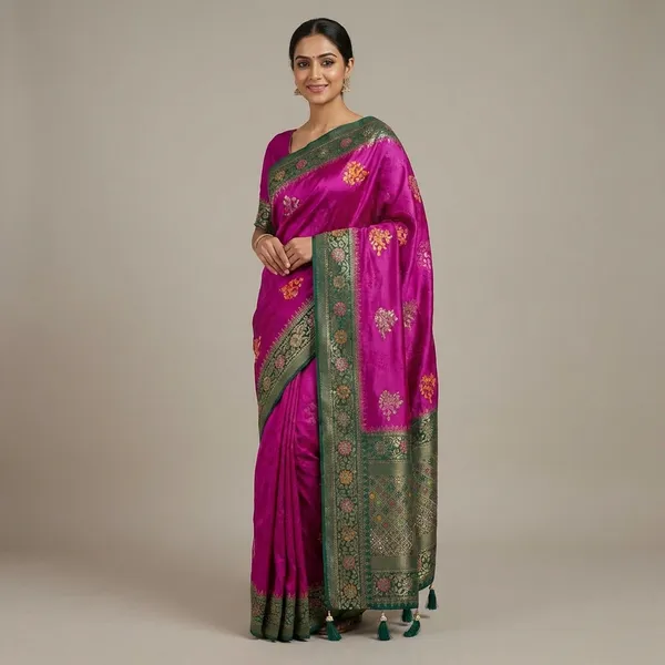 Magenta_Banarasi_Silk_Saree_With_Green_Border_And_Golden_Zari_Work