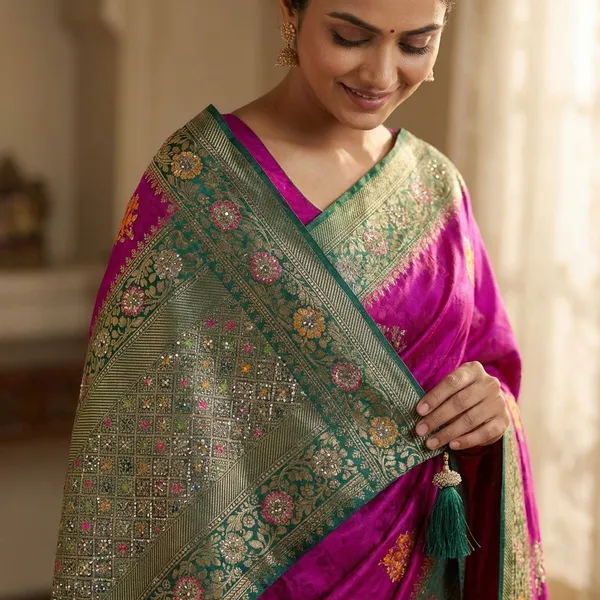 Magenta_Banarasi_Silk_Saree_With_Green_Border_And_Golden_Zari_Work