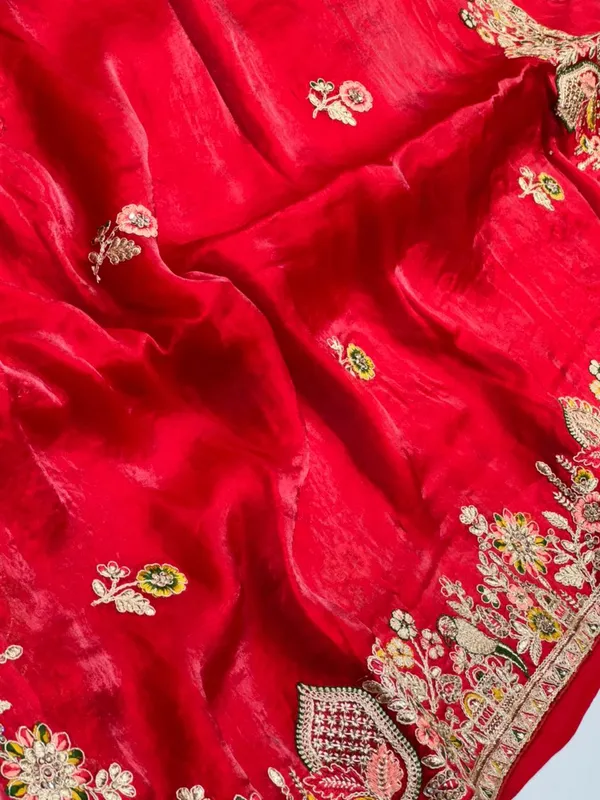 Red_Embroidered_Velvet_Saree_With_Floral_Zari_Work