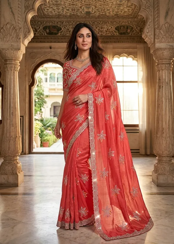 Peach_Elegant_Coral_Embroidered_Saree_With_Blouse