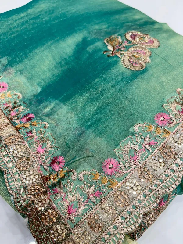 Turquoise_Embellished_Saree_With_Floral_Border_And_Silver_Sequin_Work