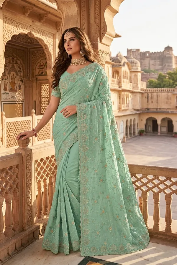Mint_Green_Embroidered_Georgette_Saree_With_Blouse