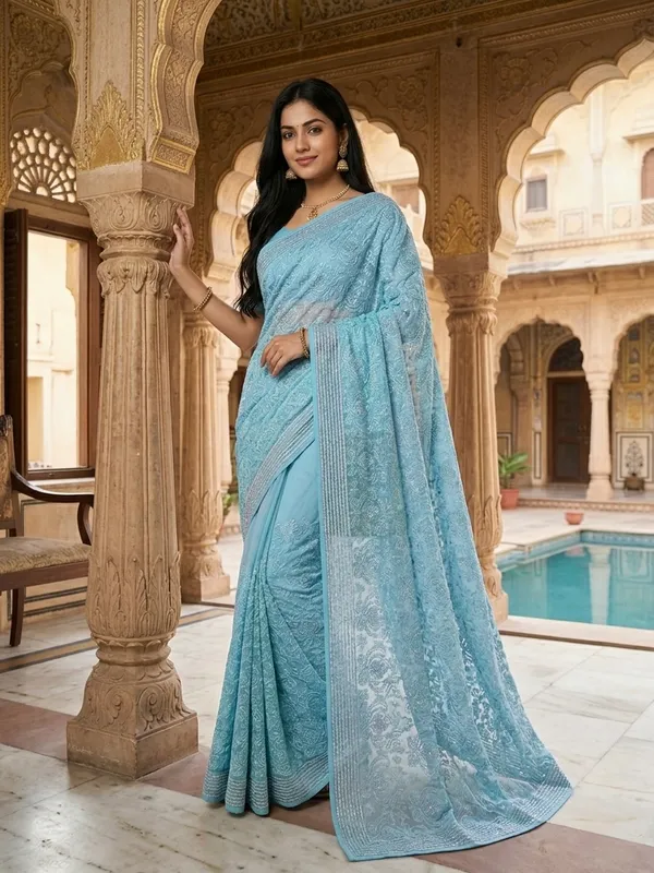 Sky_Blue_Chikankari_Embroidered_Saree