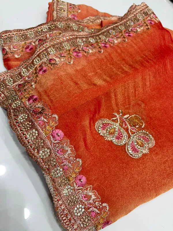 Orange_Velvet_Embellished_Saree_With_Floral_And_Sequin_Work