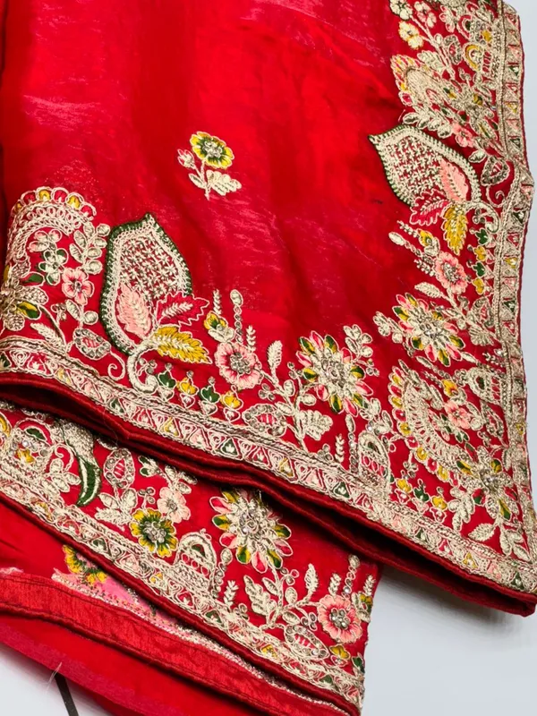 Red_Embroidered_Velvet_Saree_With_Floral_Zari_Work