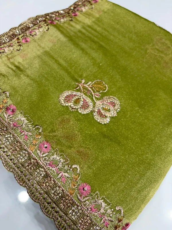 Olive_Green_Velvet_Embellished_Saree_With_Floral_Embroidery_And_Pearl_Work
