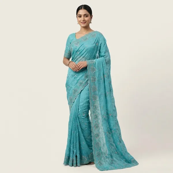 Turquoise_Sky_Blue_Embroidered_Saree_And_Sequin_Work_Fabric