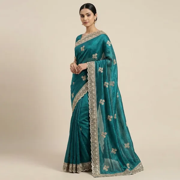 Teal_Green_Velvet_Saree_With_Golden_Embroidered_Border_And_Floral_Motifs