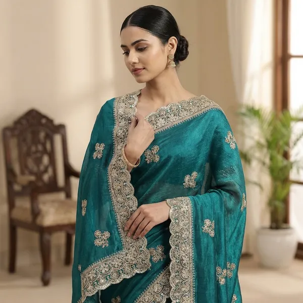 Teal_Green_Velvet_Saree_With_Golden_Embroidered_Border_And_Floral_Motifs