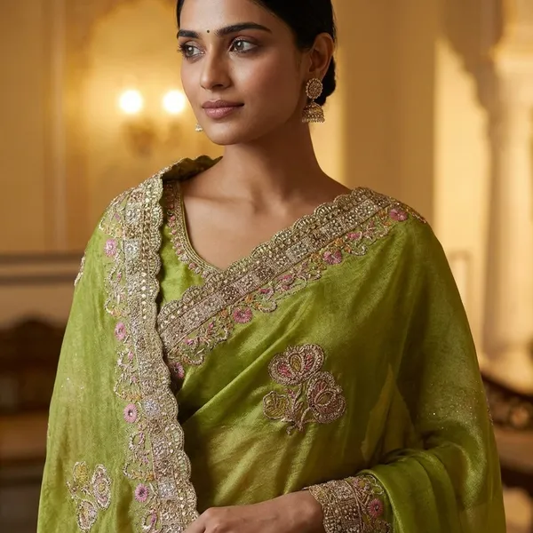 Olive_Green_Velvet_Embellished_Saree_With_Floral_Embroidery_And_Pearl_Work