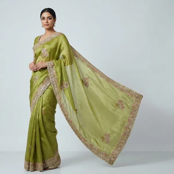 Olive_Green_Velvet_Embellished_Saree_With_Floral_Embroidery_And_Pearl_Work
