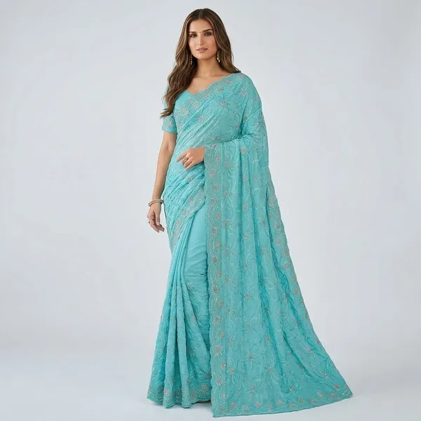 Designer_Embroidered_Turquoise_Blue_Saree_With_Blouse