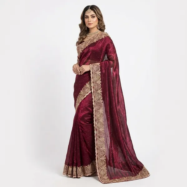 Maroon_Velvet_Saree_With_Golden_Embroidered_Border_And_Sequin_Work
