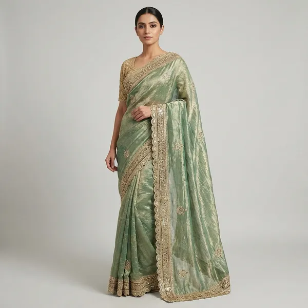Tie-Dye_Green_And_Cream_Organza_Saree_With_Golden_Embroidered_Border