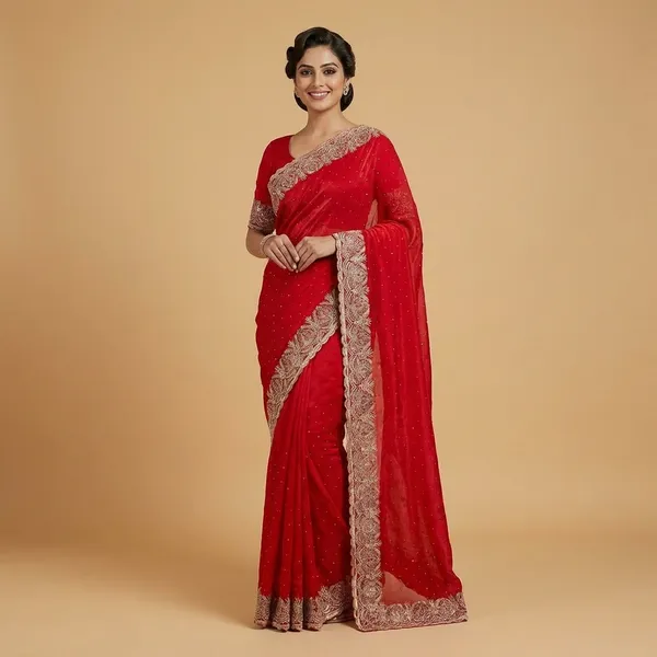 Red_Embroidered_Georgette_Saree_With_Golden_Zari_Work