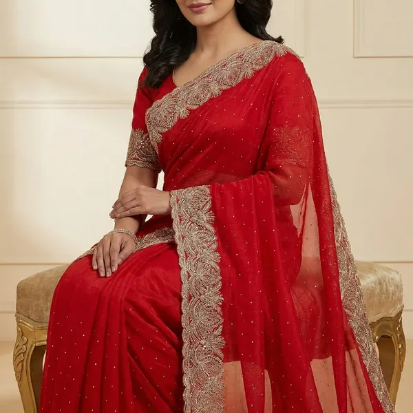 Red_Embroidered_Georgette_Saree_With_Golden_Zari_Work