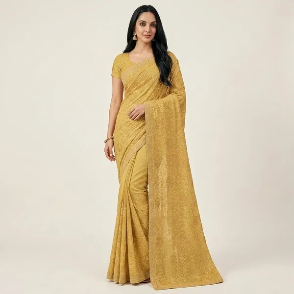 Golden_Embroidered_Georgette_Saree_With_Blouse