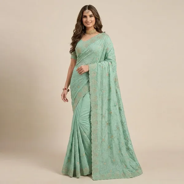 Mint_Green_Embroidered_Georgette_Saree_With_Blouse