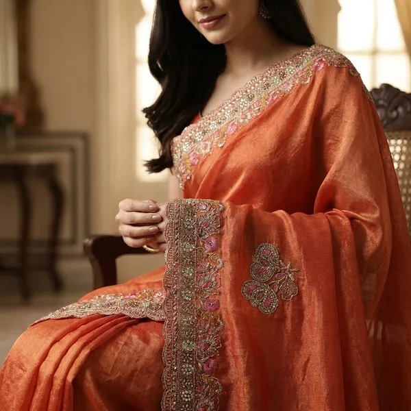 Orange_Velvet_Embellished_Saree_With_Floral_And_Sequin_Work