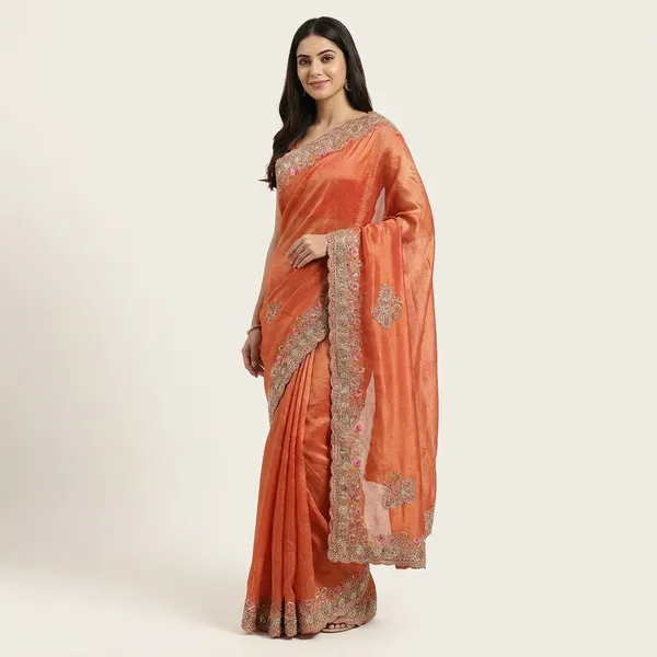 Orange_Velvet_Embellished_Saree_With_Floral_And_Sequin_Work