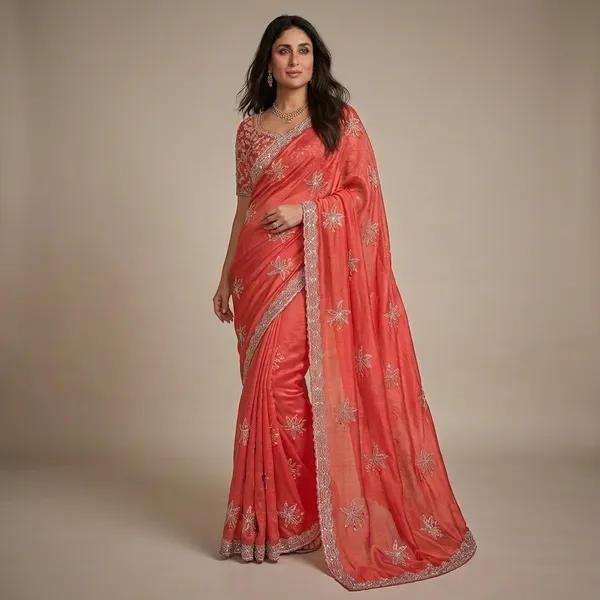 Peach_Elegant_Coral_Embroidered_Saree_With_Blouse