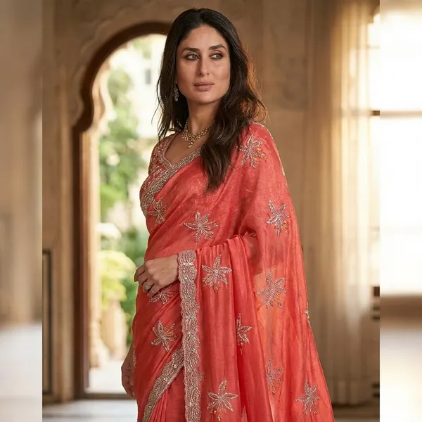 Peach_Elegant_Coral_Embroidered_Saree_With_Blouse