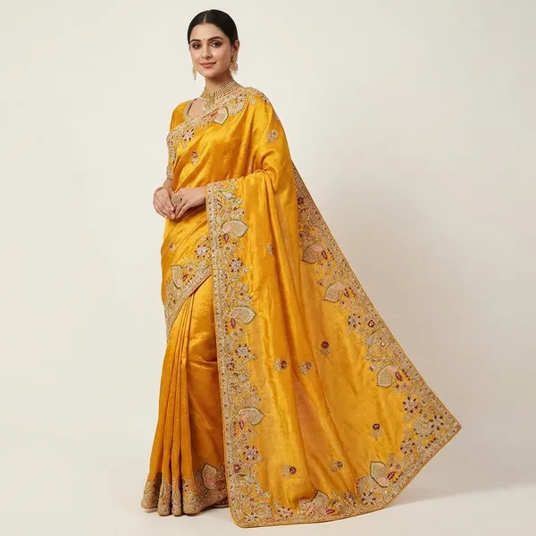 Vibrant_Yellow_Velvet_Saree_With_Zari_Embroidery_And_Embellished_Border