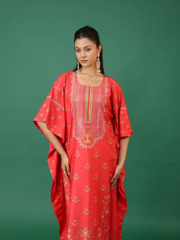 Coral_Red_Embroidered_Kaftan_Dress_With_Golden_Sequin_Work