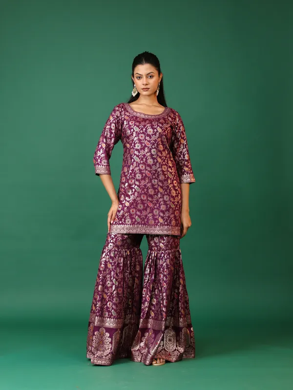 Purple_Banarasi_Silk_Gharara_Suit_Set_With_Floral_Embroidery