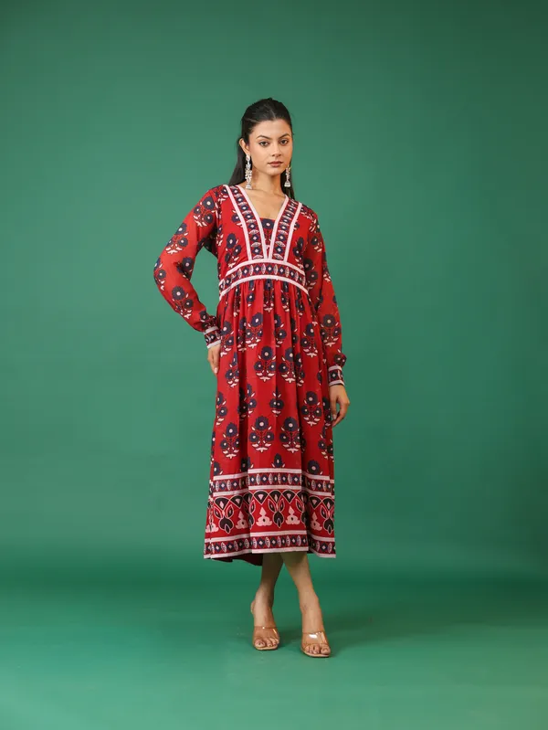 Red_Floral_Print_Anarkali_Midi_Dress_With_Long_Sleeves_And_V-Neck