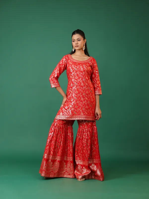 Red_Brocade_Kurta_And_Sharara_Set_With_Golden_Embroidery