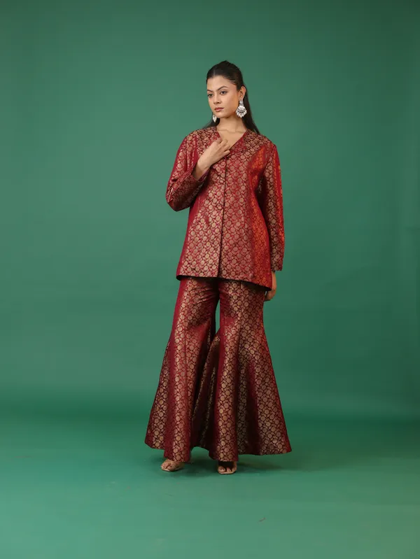Red_Brocade_Kurta_Set_With_Flared_Palazzo_Pants_And_Dupatta
