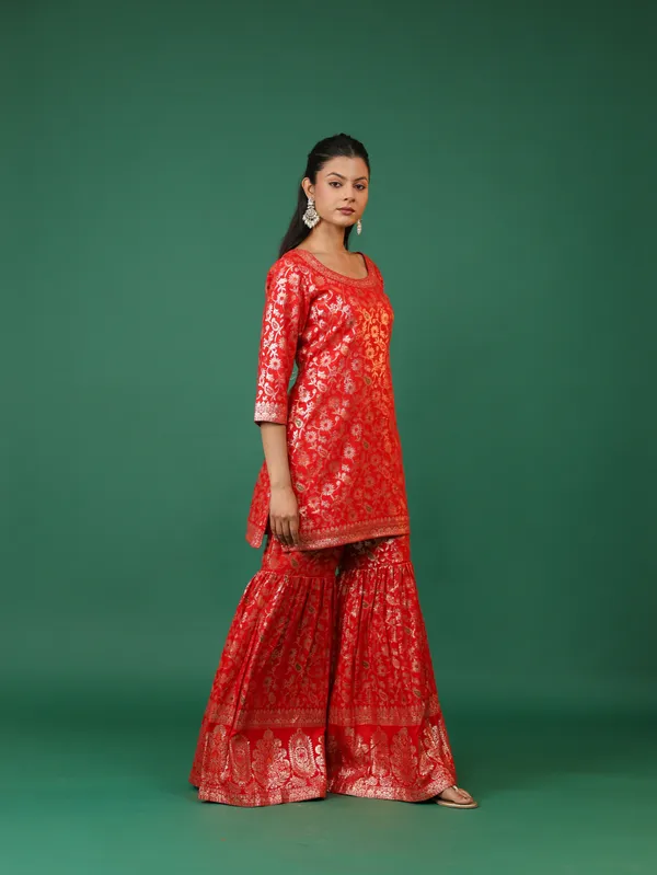 Red_Brocade_Kurta_And_Sharara_Set_With_Golden_Embroidery