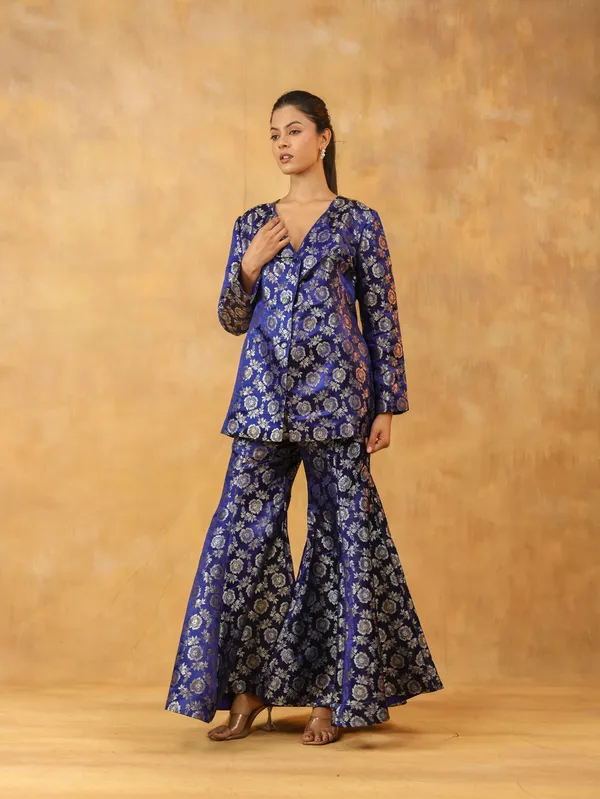 Blue_Floral_Brocade_Jacket_Style_Top_&_Flared_Pants_Set