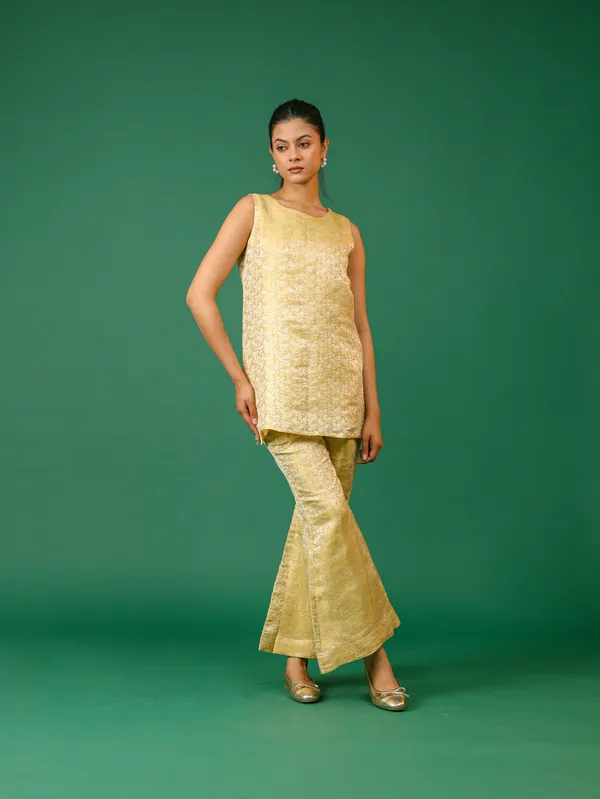 Lime_Yellow_Embroidered_Brocade_Kurta_Set_With_Flared_Pants
