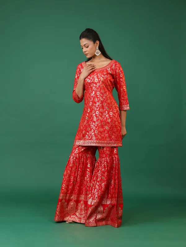 Red_Brocade_Kurta_And_Sharara_Set_With_Golden_Embroidery