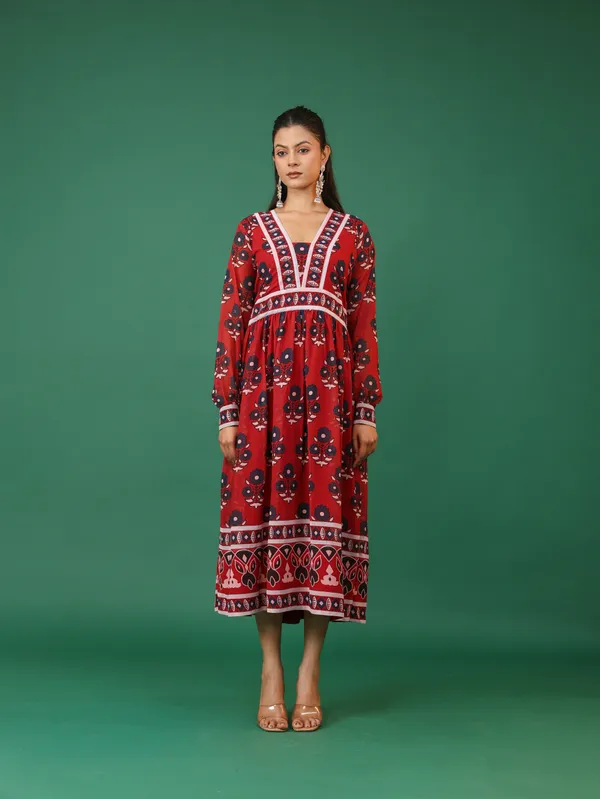 Red_Floral_Print_Anarkali_Midi_Dress_With_Long_Sleeves_And_V-Neck