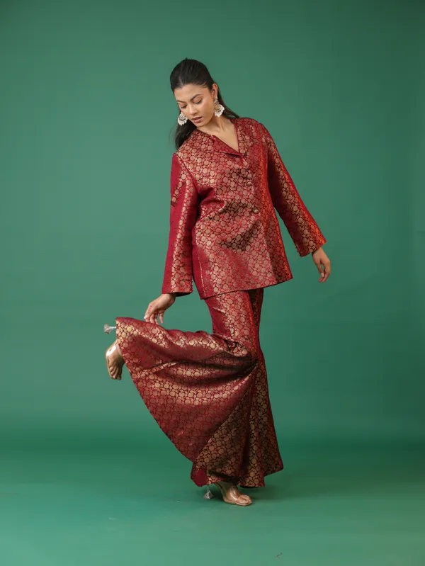 Red_Brocade_Kurta_Set_With_Flared_Palazzo_Pants_And_Dupatta